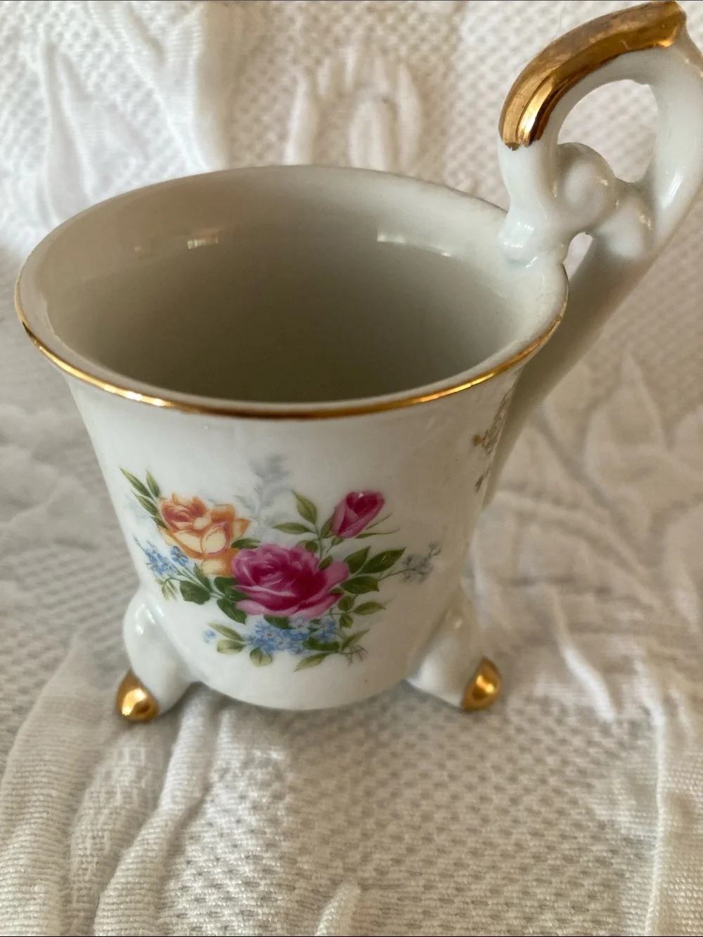 Porcelain Floral Footed Creamer in White with Gold Trim
